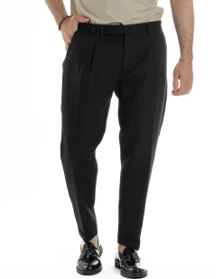 Pantaloni Uomo Classico Con Pinces Sartoriale Elegante Casual Abbottonatura Allungata Viscosa Estivo Nero GIOSAL-P6279A