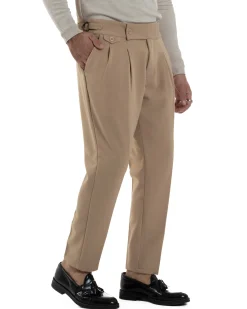 Pantaloni Uomo Classico Con Pinces Viscosa Vita Alta Gurkha Pants Fibbie Beige P6371A