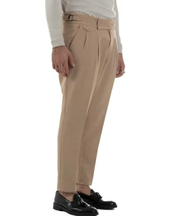 Pantaloni Uomo Classico Con Pinces Viscosa Vita Alta Gurkha Pants Fibbie Beige P6371A