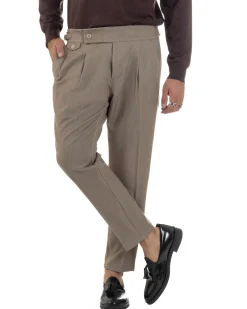 Pantaloni Uomo Classico Con Pinces Viscosa Vita Alta Gurkha Pants Fibbie Beige Melangiato P6368A