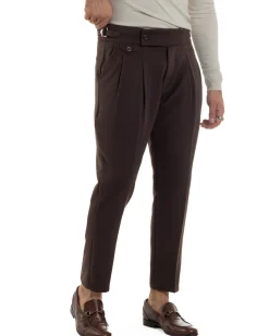 Pantaloni Uomo Classico Con Pinces Viscosa Vita Alta Gurkha Pants Fibbie Marrone P6369A