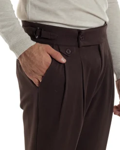 Pantaloni Uomo Classico Con Pinces Viscosa Vita Alta Gurkha Pants Fibbie Marrone P6369A