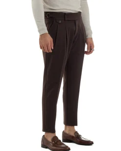 Pantaloni Uomo Classico Con Pinces Viscosa Vita Alta Gurkha Pants Fibbie Marrone P6369A