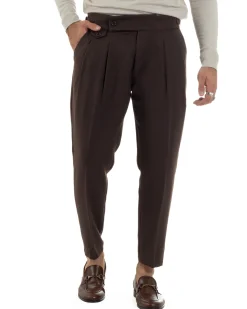 Pantaloni Uomo Classico Con Pinces Viscosa Vita Alta Gurkha Pants Fibbie Marrone P6369A