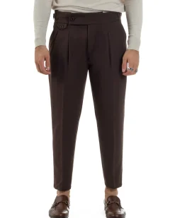 Pantaloni Uomo Classico Con Pinces Viscosa Vita Alta Gurkha Pants Fibbie Marrone P6369A
