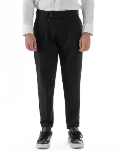 Pantaloni Uomo Classico Con Pinces Pants Abbottonatura Allungata Vita Alta Gurkha Fibbie Viscosa Casual Nero GIOSAL-P6285A