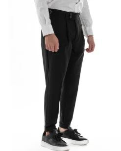 Pantaloni Uomo Classico Con Pinces Pants Abbottonatura Allungata Vita Alta Gurkha Fibbie Viscosa Casual Nero GIOSAL-P6285A