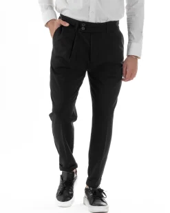 Pantaloni Uomo Classico Con Pinces Pants Abbottonatura Allungata Vita Alta Gurkha Fibbie Viscosa Casual Nero GIOSAL-P6285A