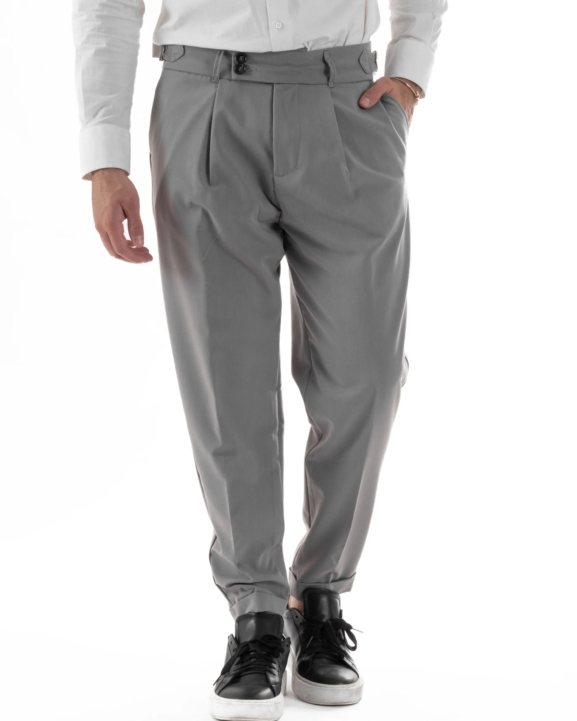 Pantaloni Uomo Classico Con Pinces Pants Abbottonatura Allungata Vita Alta Gurkha Fibbie Viscosa Casual Grigio GIOSAL-P6286A
