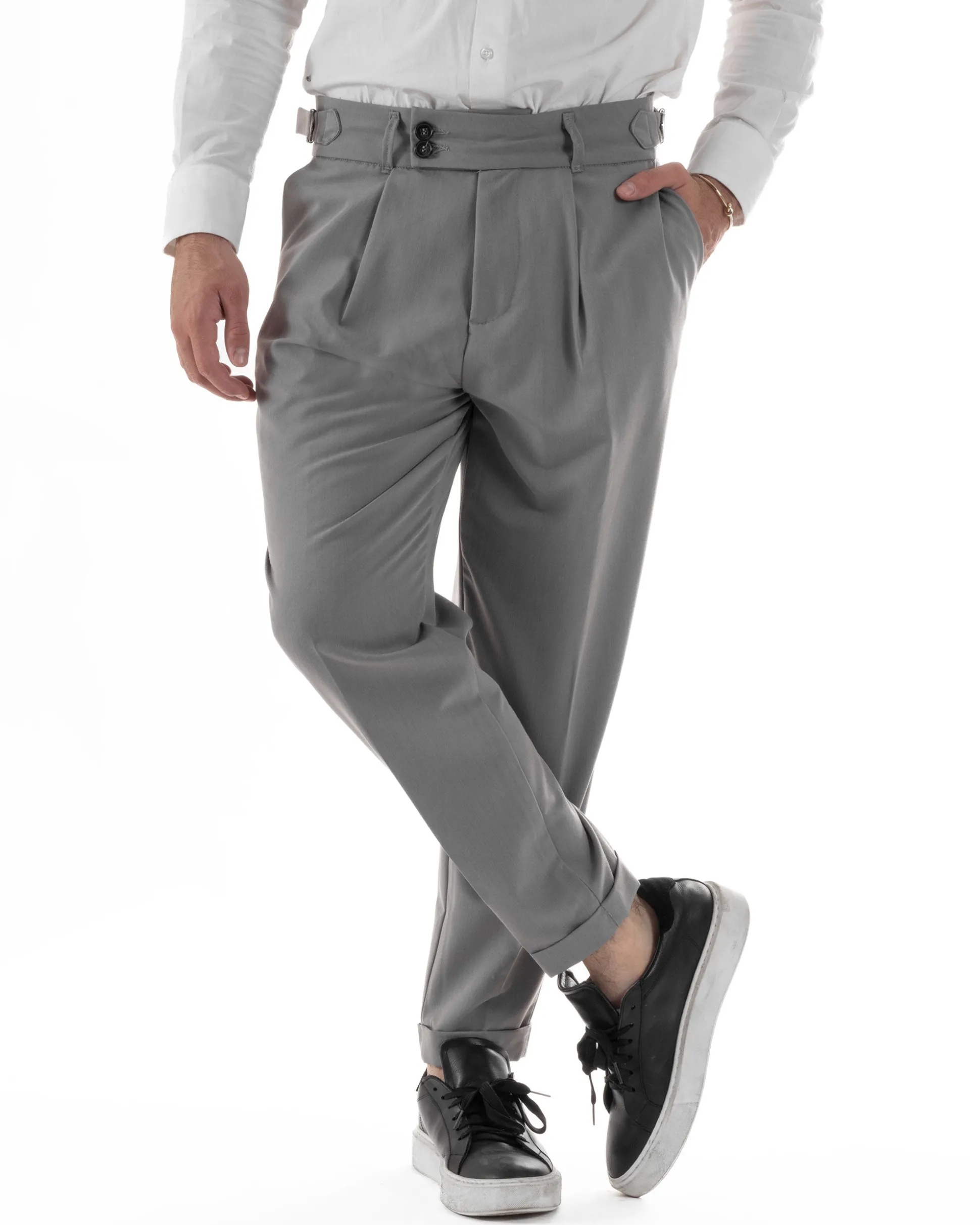 Pantaloni Uomo Classico Con Pinces Pants Abbottonatura Allungata Vita Alta Gurkha Fibbie Viscosa Casual Grigio GIOSAL-P6286A