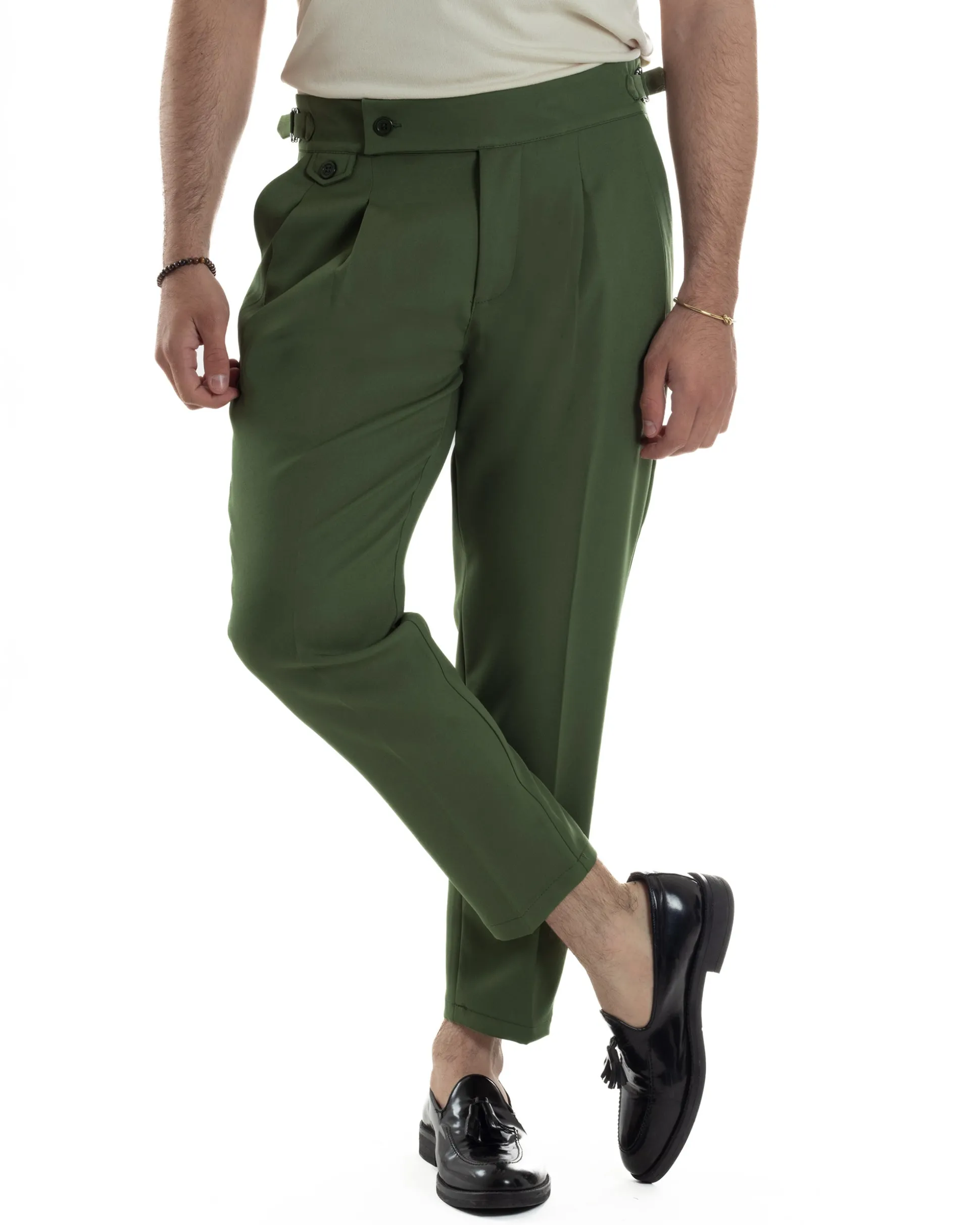 Pantaloni Uomo Classico Con Pinces Vita Alta Gurkha Pants Abbottonatura Allungata Fibbie Viscosa Estivo Casual Verde GIOSAL-P6269A