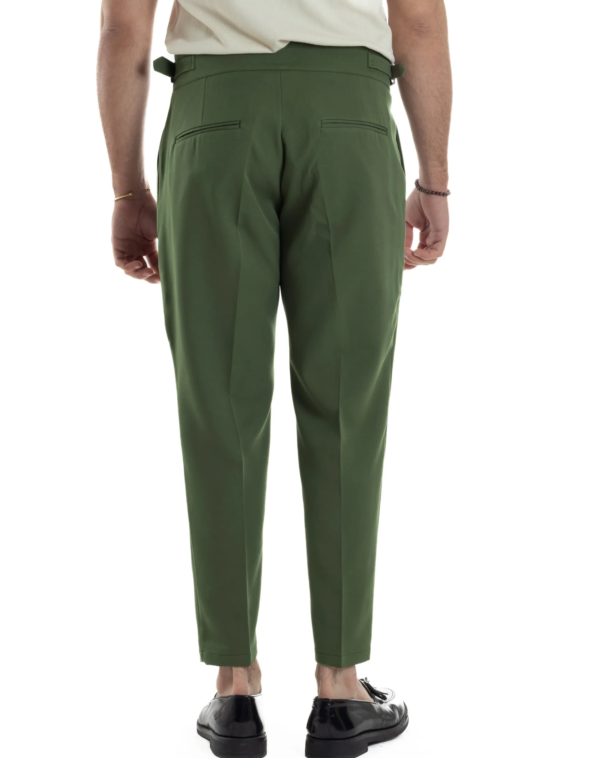 Pantaloni Uomo Classico Con Pinces Vita Alta Gurkha Pants Abbottonatura Allungata Fibbie Viscosa Estivo Casual Verde GIOSAL-P6269A