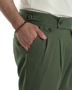 Pantaloni Uomo Classico Con Pinces Vita Alta Gurkha Pants Abbottonatura Allungata Fibbie Viscosa Estivo Casual Verde GIOSAL-P6269A