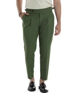 Pantaloni Uomo Classico Con Pinces Vita Alta Gurkha Pants Abbottonatura Allungata Fibbie Viscosa Estivo Casual Verde GIOSAL-P6269A