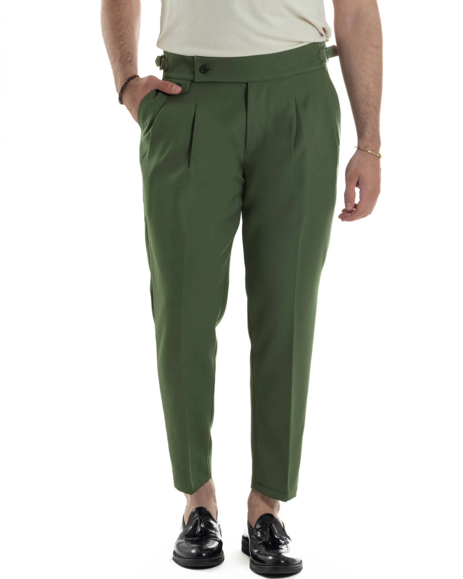Pantaloni Uomo Classico Con Pinces Vita Alta Gurkha Pants Abbottonatura Allungata Fibbie Viscosa Estivo Casual Verde GIOSAL-P6269A