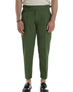 Pantaloni Uomo Classico Con Pinces Vita Alta Gurkha Pants Abbottonatura Allungata Fibbie Viscosa Estivo Casual Verde GIOSAL-P6269A
