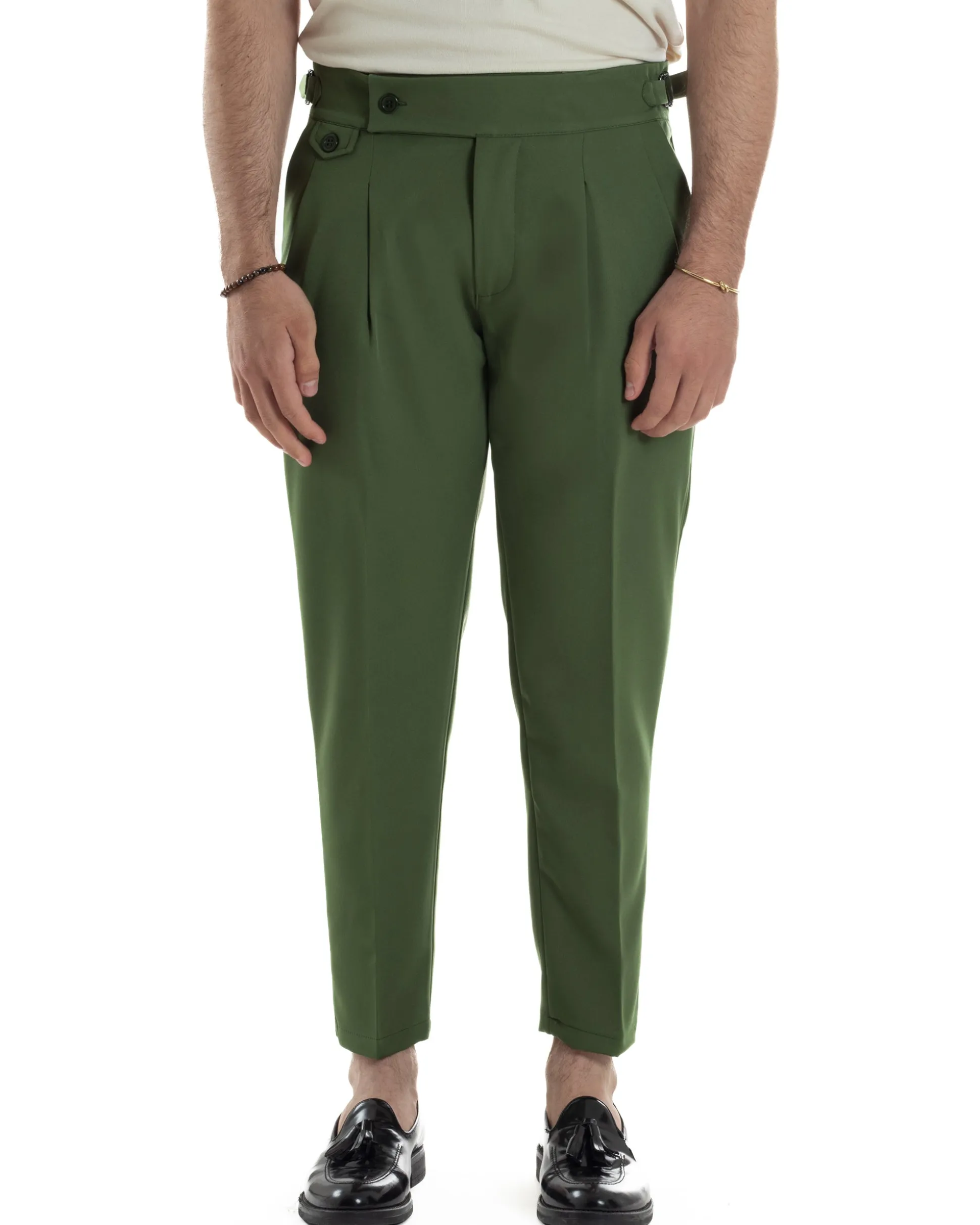 Pantaloni Uomo Classico Con Pinces Vita Alta Gurkha Pants Abbottonatura Allungata Fibbie Viscosa Estivo Casual Verde GIOSAL-P6269A