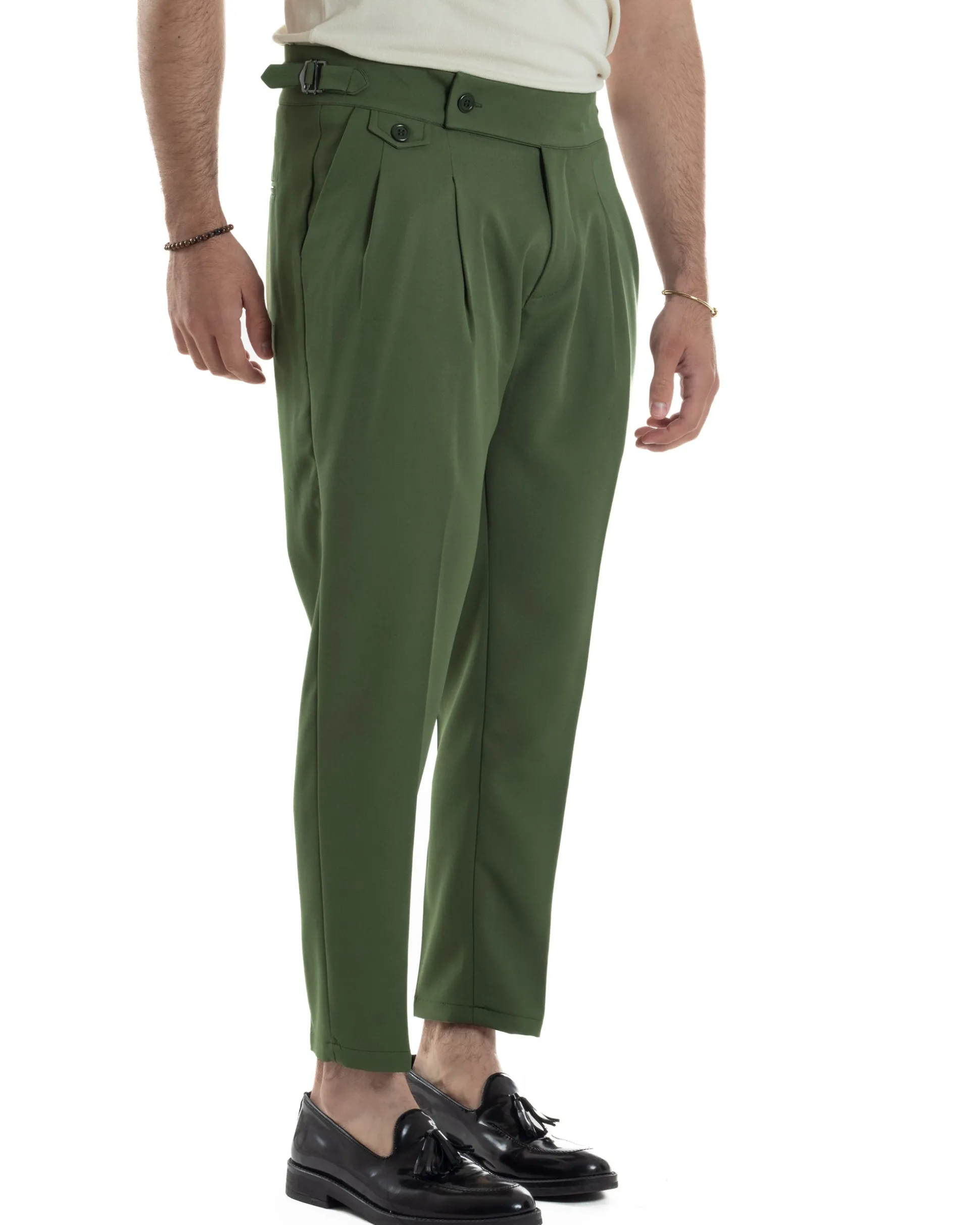 Pantaloni Uomo Classico Con Pinces Vita Alta Gurkha Pants Abbottonatura Allungata Fibbie Viscosa Estivo Casual Verde GIOSAL-P6269A