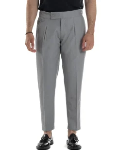 Pantaloni Uomo Classico Con Pinces Vita Alta Gurkha Pants Abbottonatura Allungata Fibbie Viscosa Estivo Casual Grigio GIOSAL-P6271A