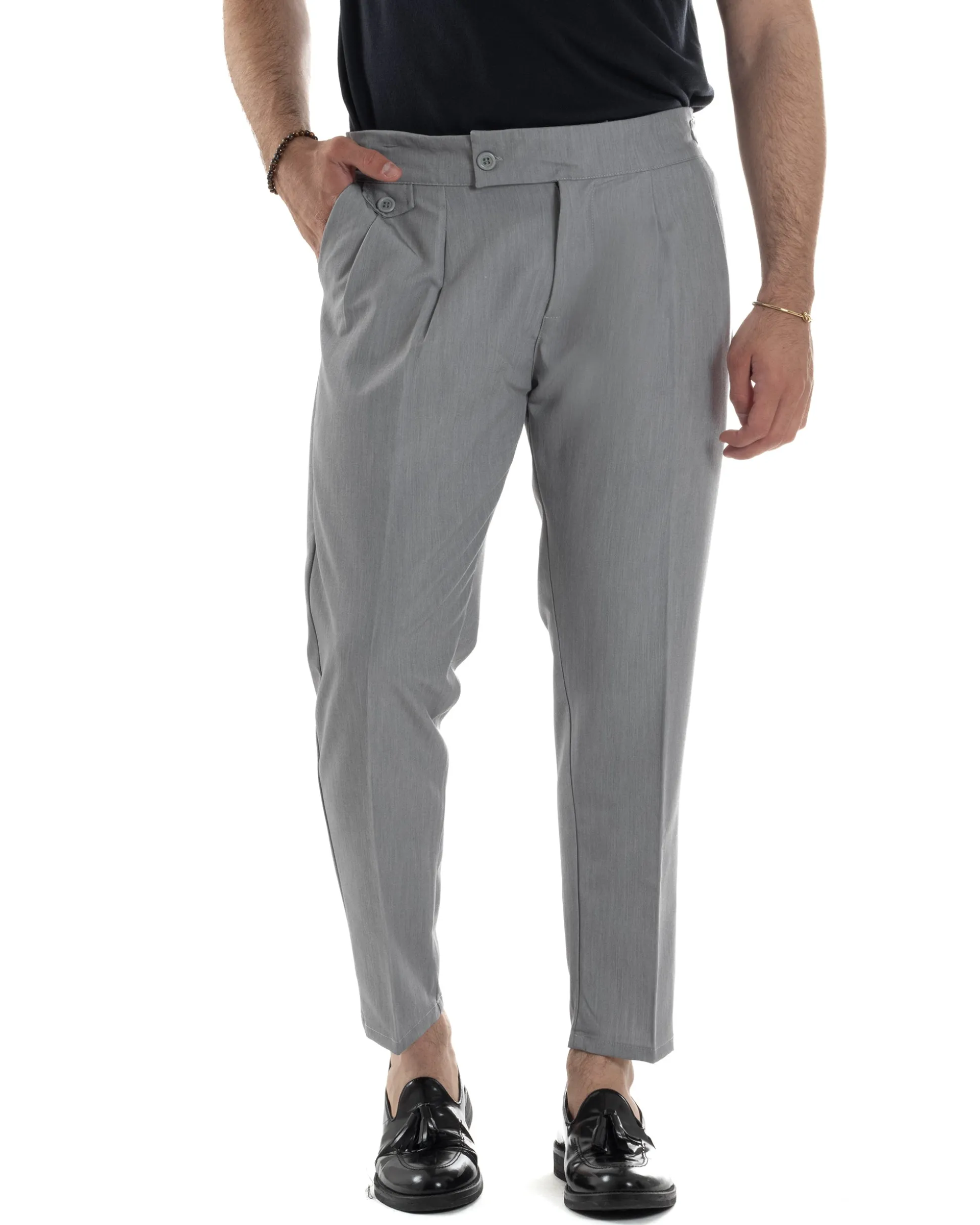 Pantaloni Uomo Classico Con Pinces Vita Alta Gurkha Pants Abbottonatura Allungata Fibbie Viscosa Estivo Casual Grigio GIOSAL-P6271A
