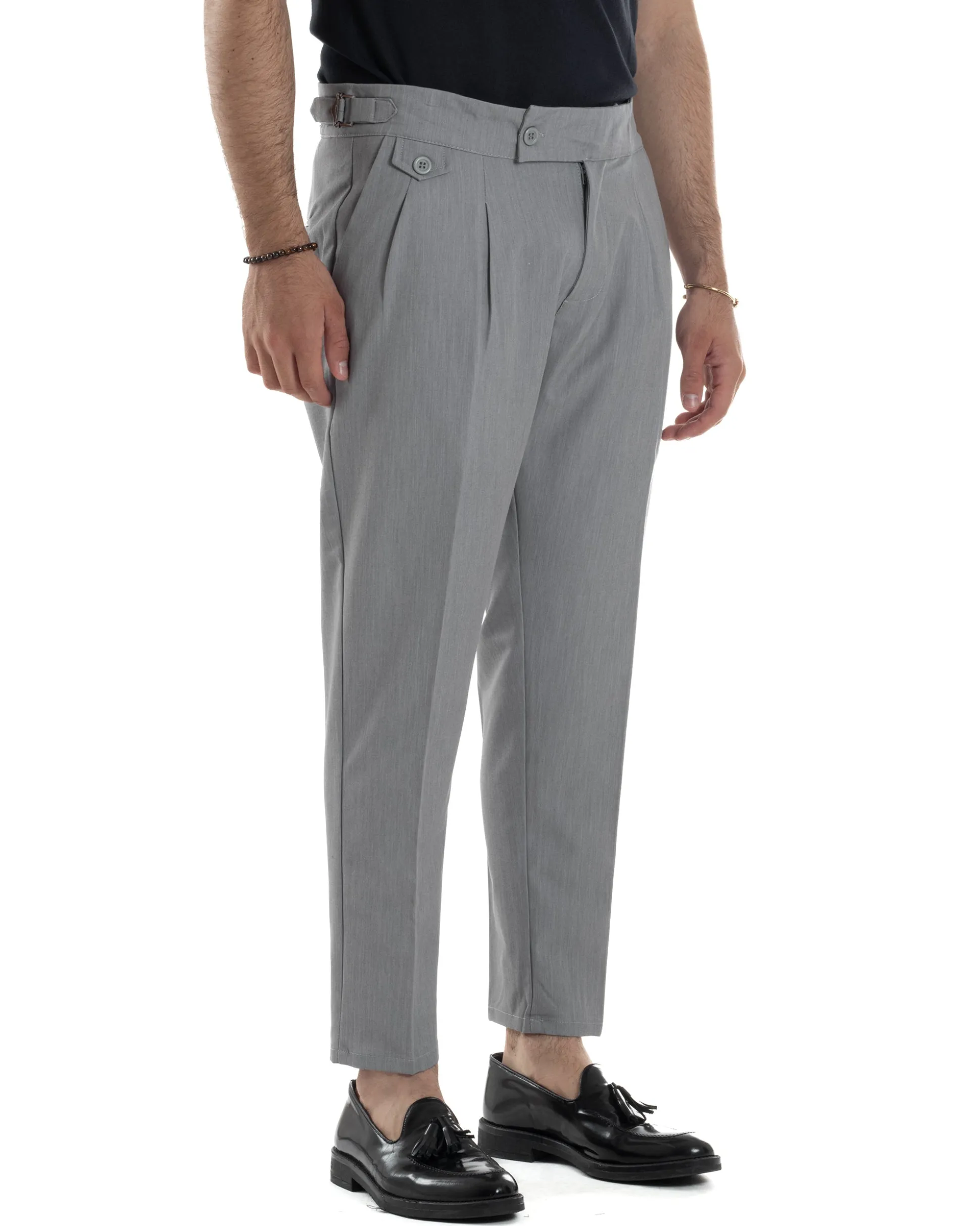 Pantaloni Uomo Classico Con Pinces Vita Alta Gurkha Pants Abbottonatura Allungata Fibbie Viscosa Estivo Casual Grigio GIOSAL-P6271A
