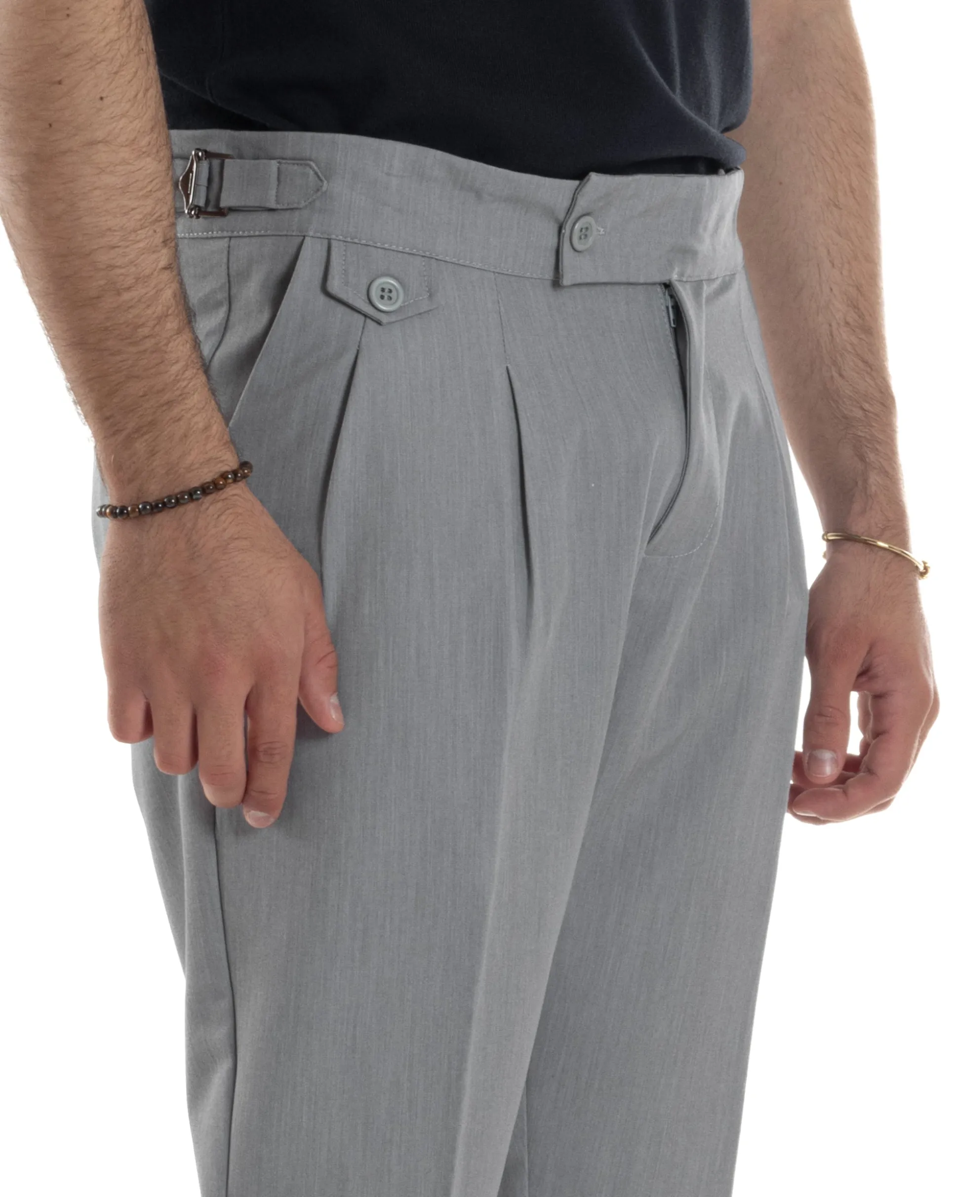 Pantaloni Uomo Classico Con Pinces Vita Alta Gurkha Pants Abbottonatura Allungata Fibbie Viscosa Estivo Casual Grigio GIOSAL-P6271A