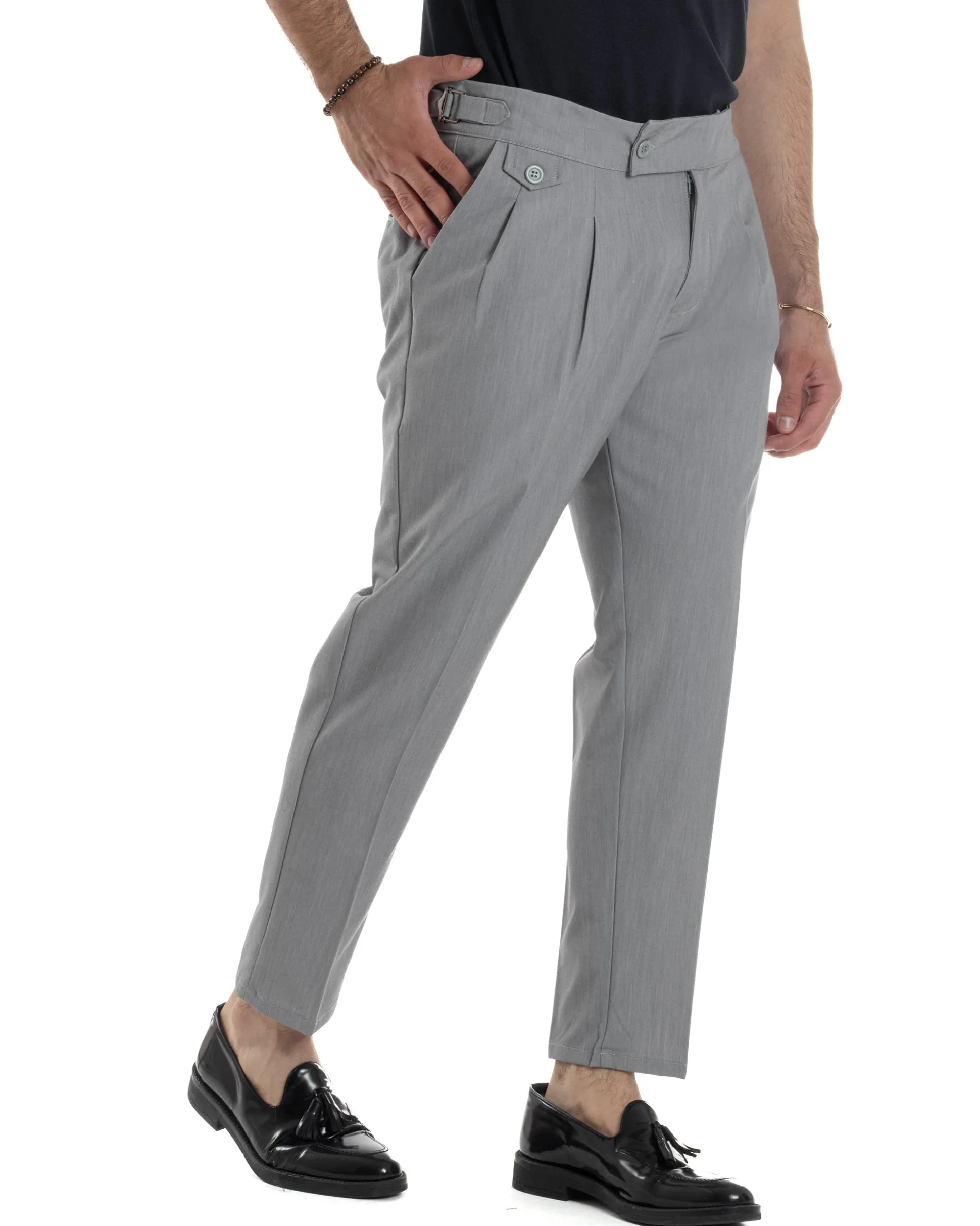 Pantaloni Uomo Classico Con Pinces Vita Alta Gurkha Pants Abbottonatura Allungata Fibbie Viscosa Estivo Casual Grigio GIOSAL-P6271A