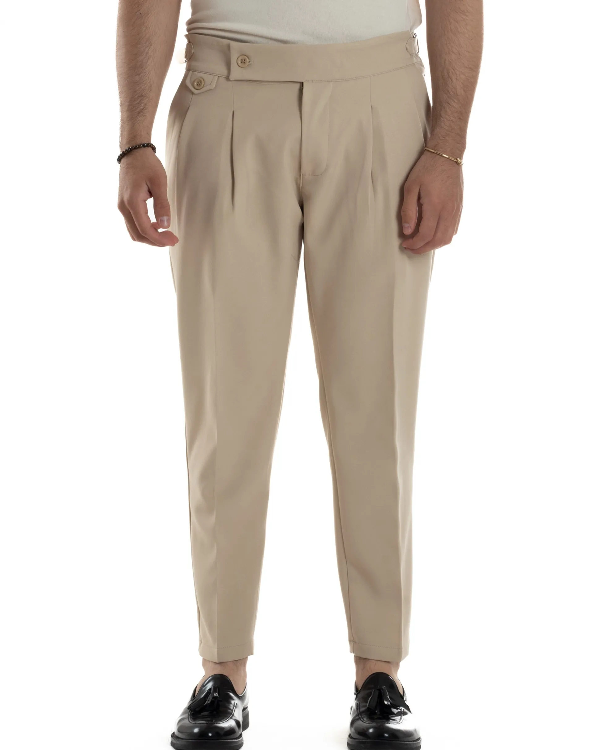 Pantaloni Uomo Classico Con Pinces Vita Alta Gurkha Pants Abbottonatura Allungata Fibbie Viscosa Estivo Casual Beige GIOSAL-P6270A
