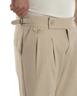 Pantaloni Uomo Classico Con Pinces Vita Alta Gurkha Pants Abbottonatura Allungata Fibbie Viscosa Estivo Casual Beige GIOSAL-P6270A