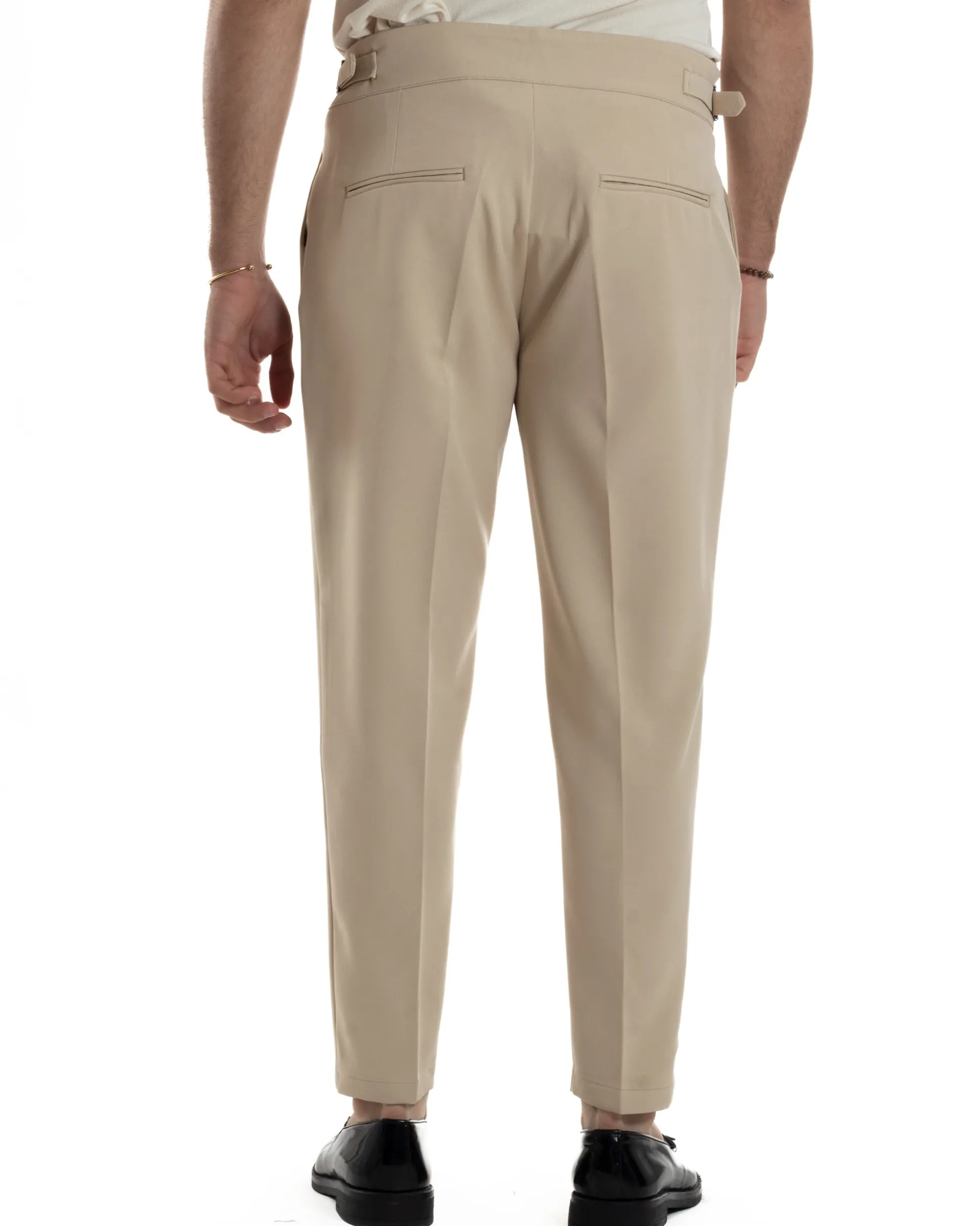 Pantaloni Uomo Classico Con Pinces Vita Alta Gurkha Pants Abbottonatura Allungata Fibbie Viscosa Estivo Casual Beige GIOSAL-P6270A