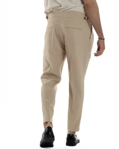 Pantaloni Uomo Classico Con Pinces Vita Alta Gurkha Pants Abbottonatura Allungata Fibbie Viscosa Estivo Casual Beige GIOSAL-P6270A