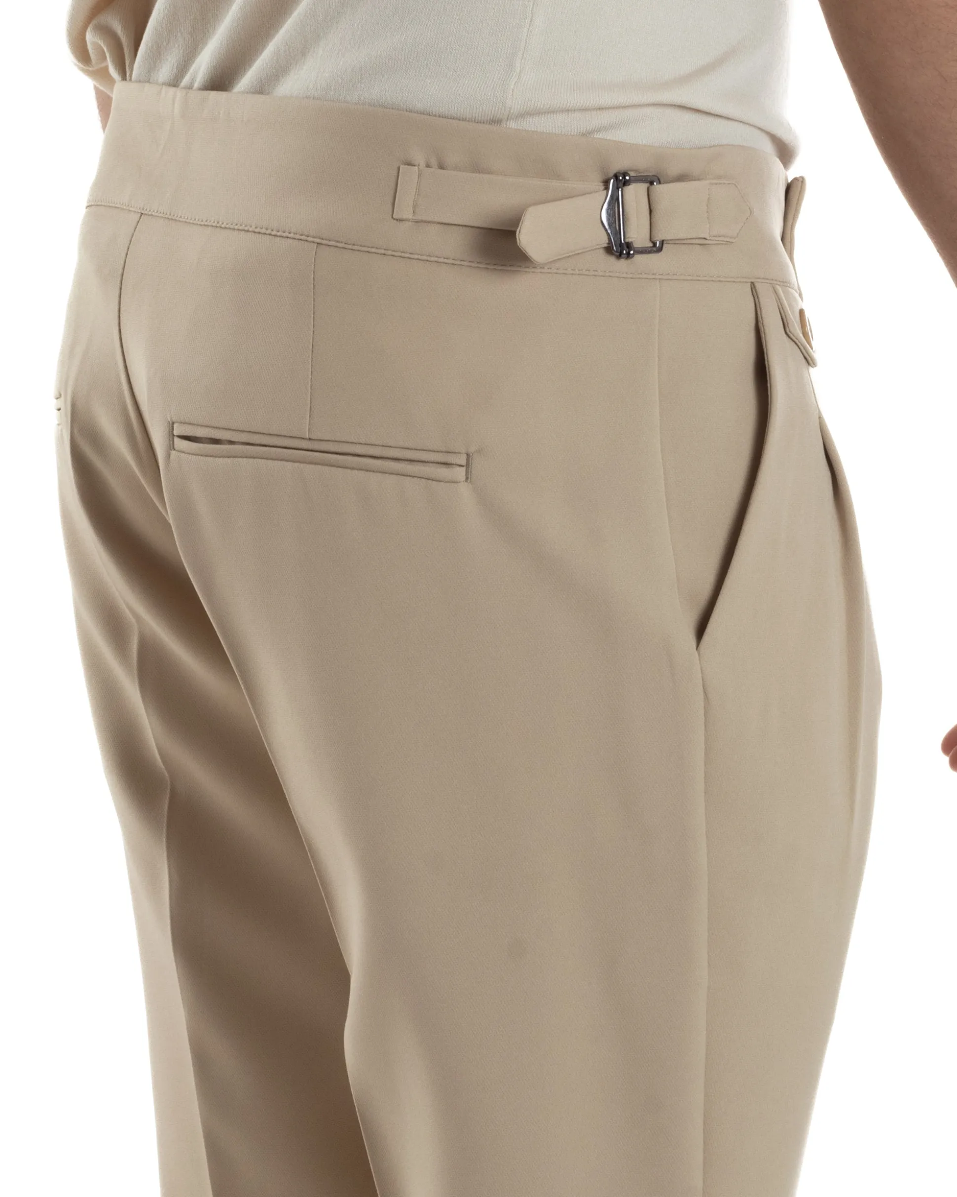 Pantaloni Uomo Classico Con Pinces Vita Alta Gurkha Pants Abbottonatura Allungata Fibbie Viscosa Estivo Casual Beige GIOSAL-P6270A