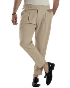 Pantaloni Uomo Classico Con Pinces Vita Alta Gurkha Pants Abbottonatura Allungata Fibbie Viscosa Estivo Casual Beige GIOSAL-P6270A
