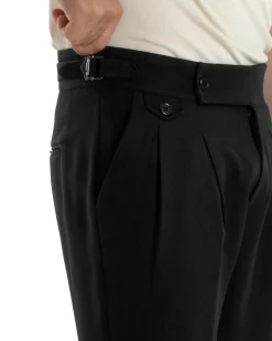 Pantaloni Uomo Classico Con Pinces Vita Alta Gurkha Pants Abbottonatura Allungata Fibbie Viscosa Estivo Casual Nero GIOSAL-P6267A