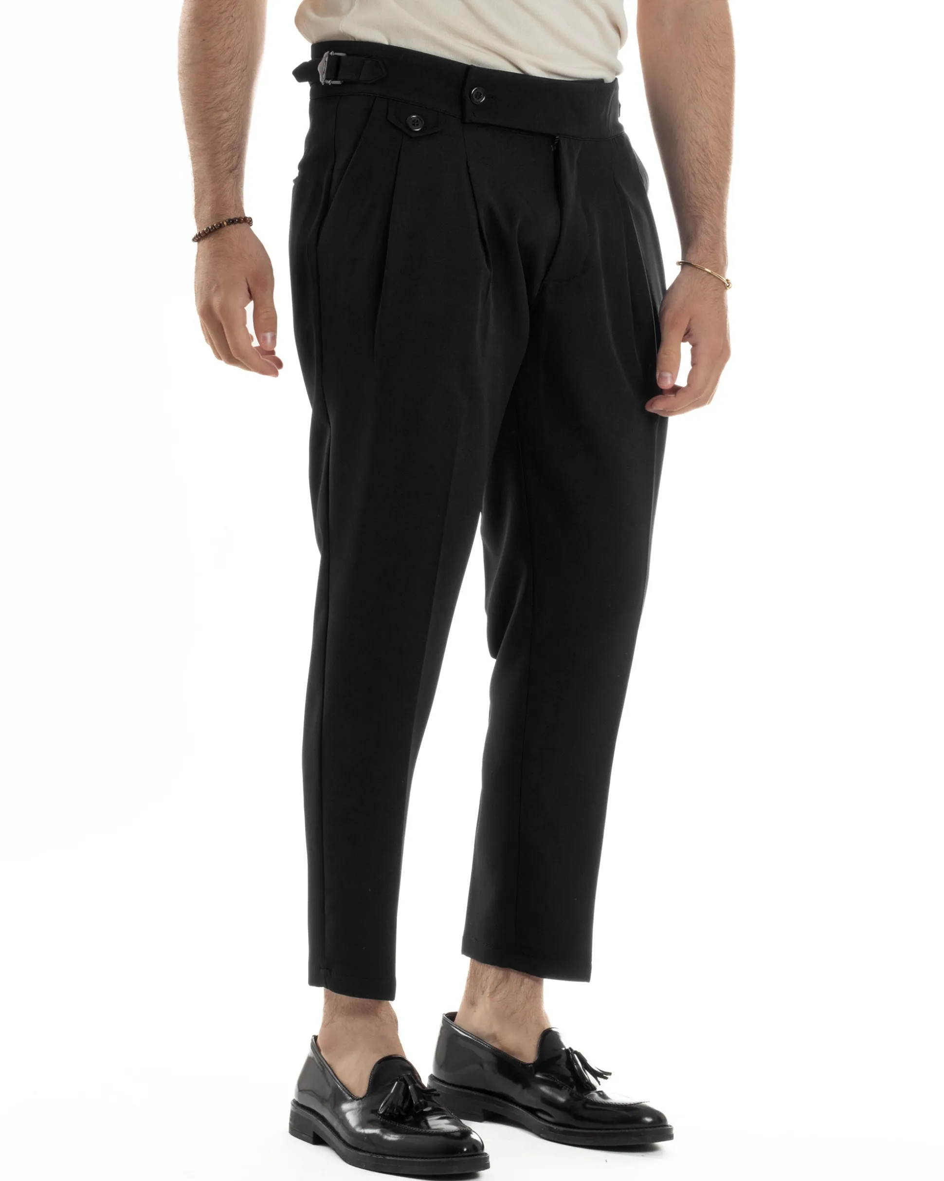 Pantaloni Uomo Classico Con Pinces Vita Alta Gurkha Pants Abbottonatura Allungata Fibbie Viscosa Estivo Casual Nero GIOSAL-P6267A