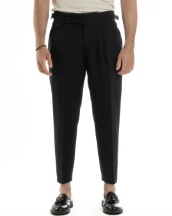 Pantaloni Uomo Classico Con Pinces Vita Alta Gurkha Pants Abbottonatura Allungata Fibbie Viscosa Estivo Casual Nero GIOSAL-P6267A