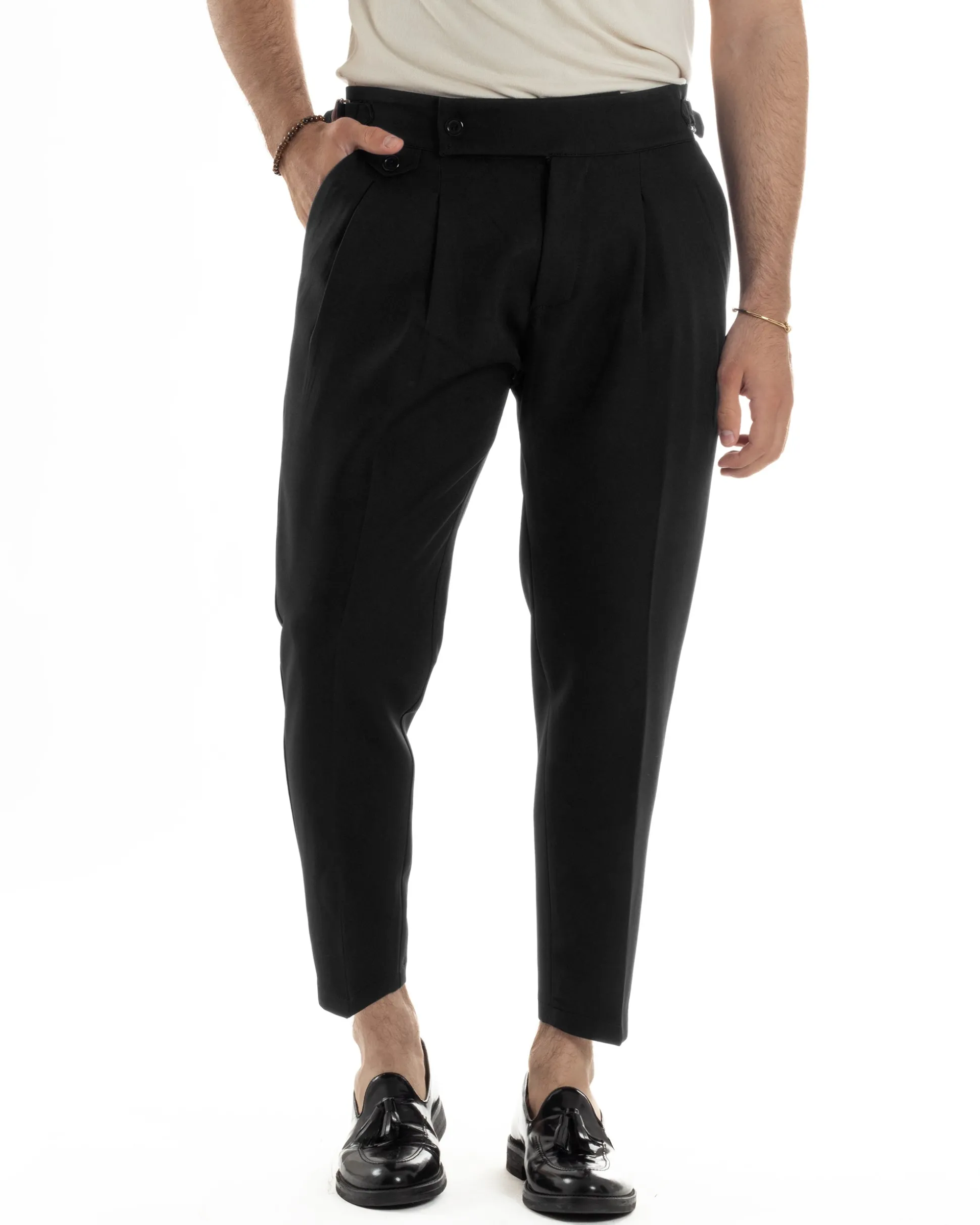 Pantaloni Uomo Classico Con Pinces Vita Alta Gurkha Pants Abbottonatura Allungata Fibbie Viscosa Estivo Casual Nero GIOSAL-P6267A