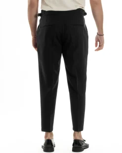 Pantaloni Uomo Classico Con Pinces Vita Alta Gurkha Pants Abbottonatura Allungata Fibbie Viscosa Estivo Casual Nero GIOSAL-P6267A
