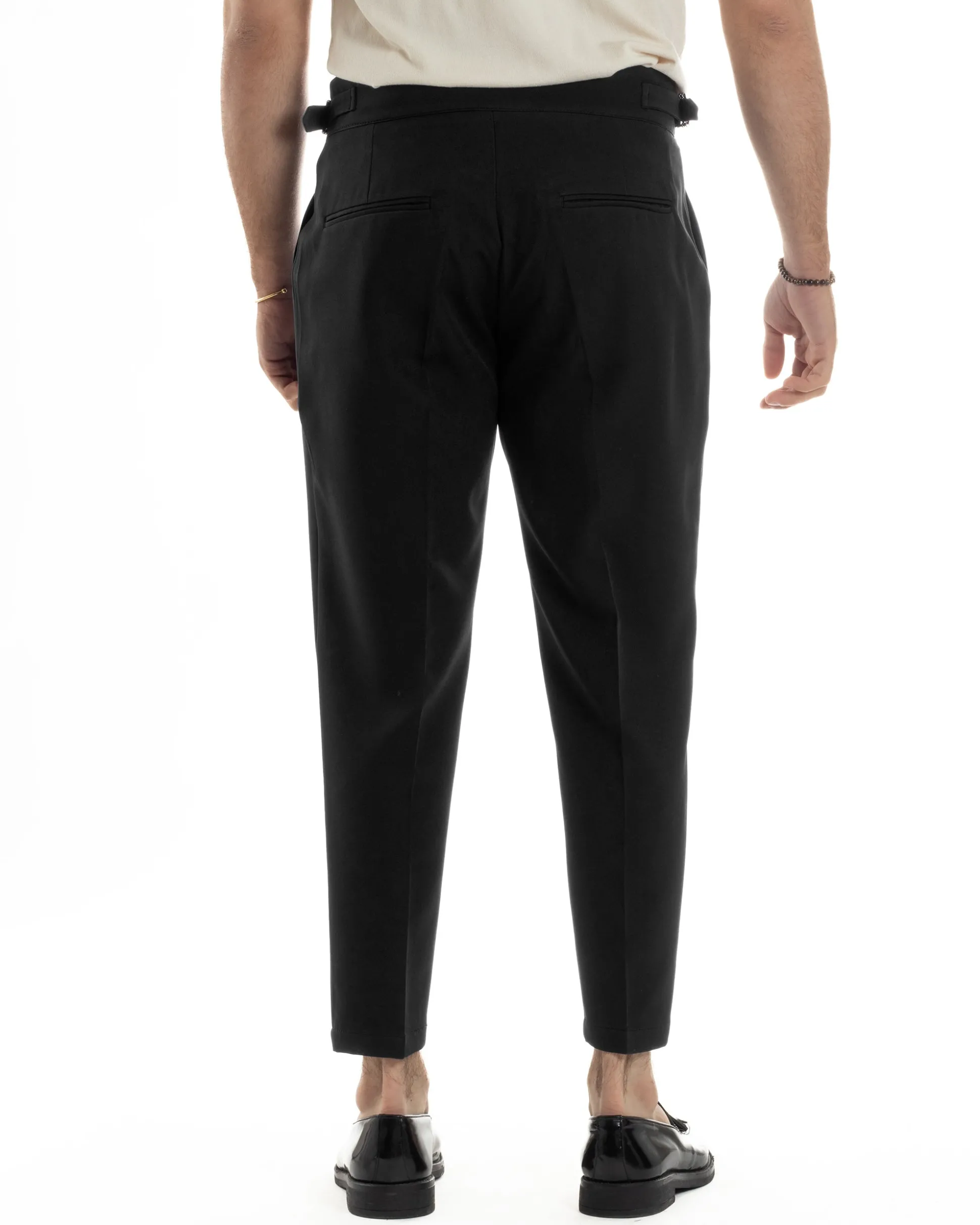 Pantaloni Uomo Classico Con Pinces Vita Alta Gurkha Pants Abbottonatura Allungata Fibbie Viscosa Estivo Casual Nero GIOSAL-P6267A