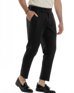 Pantaloni Uomo Classico Con Pinces Vita Alta Gurkha Pants Abbottonatura Allungata Fibbie Viscosa Estivo Casual Nero GIOSAL-P6267A