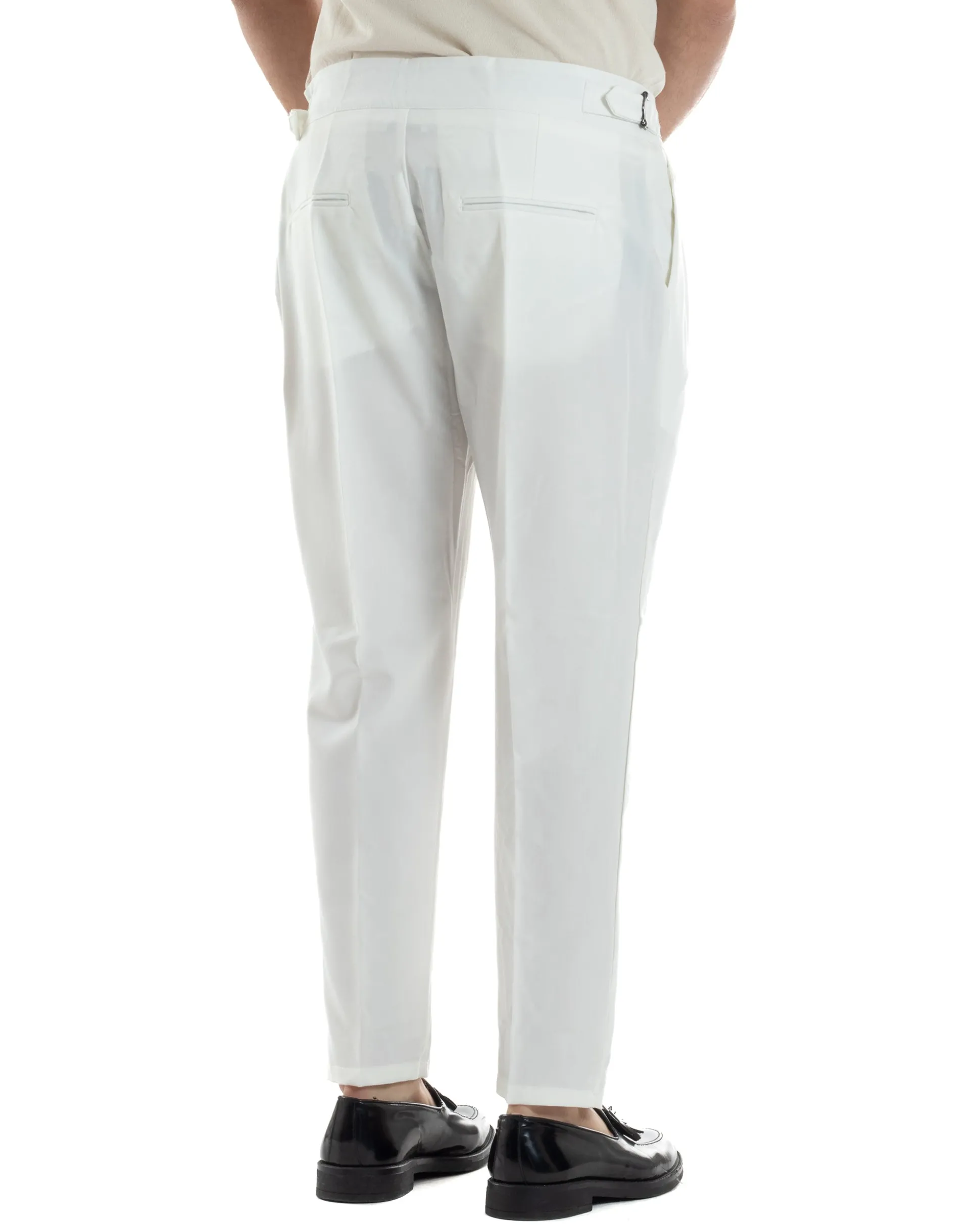 Pantaloni Uomo Classico Con Pinces Vita Alta Gurkha Pants Abbottonatura Allungata Fibbie Viscosa Estivo Casual Bianco GIOSAL-P6268A