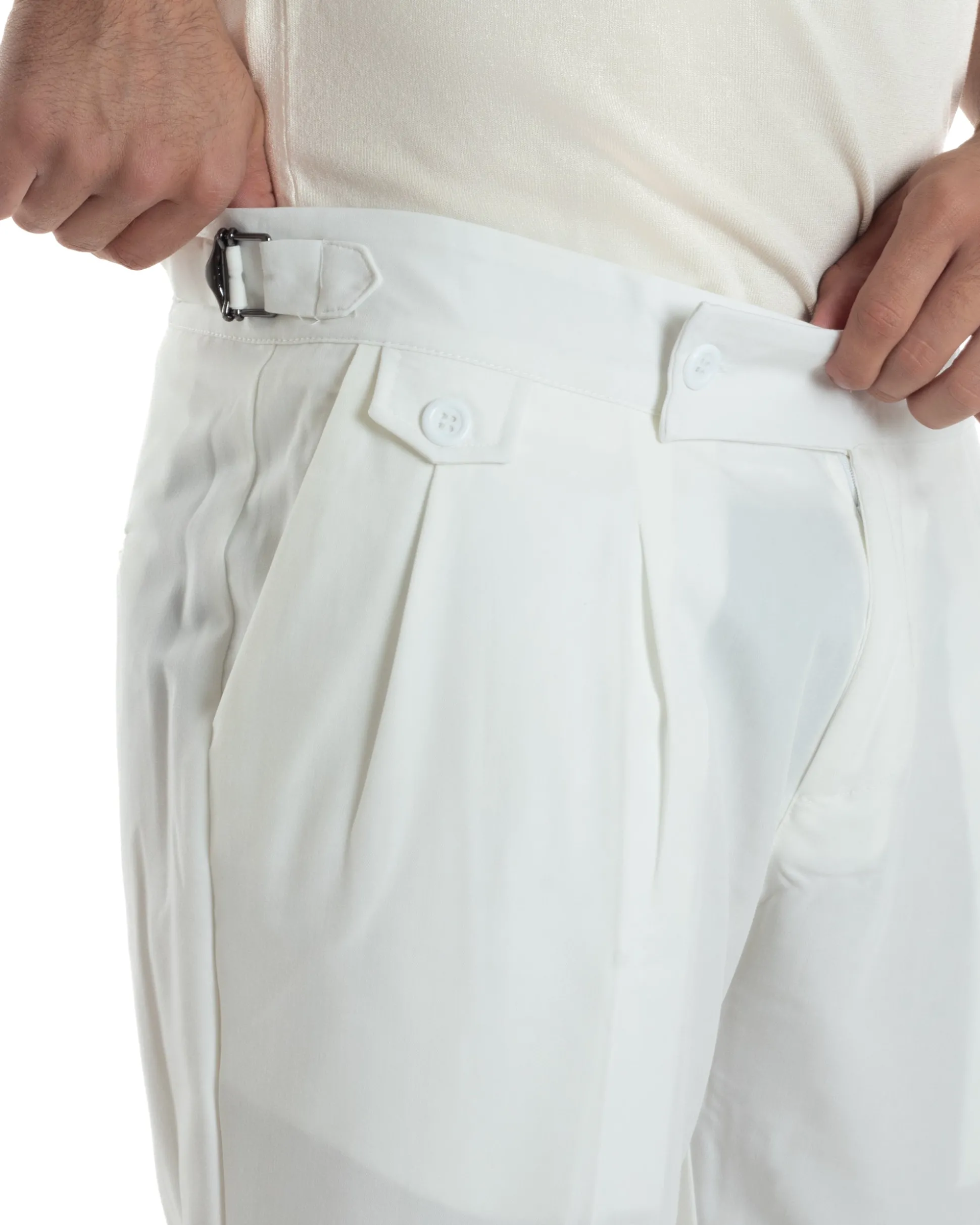 Pantaloni Uomo Classico Con Pinces Vita Alta Gurkha Pants Abbottonatura Allungata Fibbie Viscosa Estivo Casual Bianco GIOSAL-P6268A