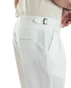 Pantaloni Uomo Classico Con Pinces Vita Alta Gurkha Pants Abbottonatura Allungata Fibbie Viscosa Estivo Casual Bianco GIOSAL-P6268A