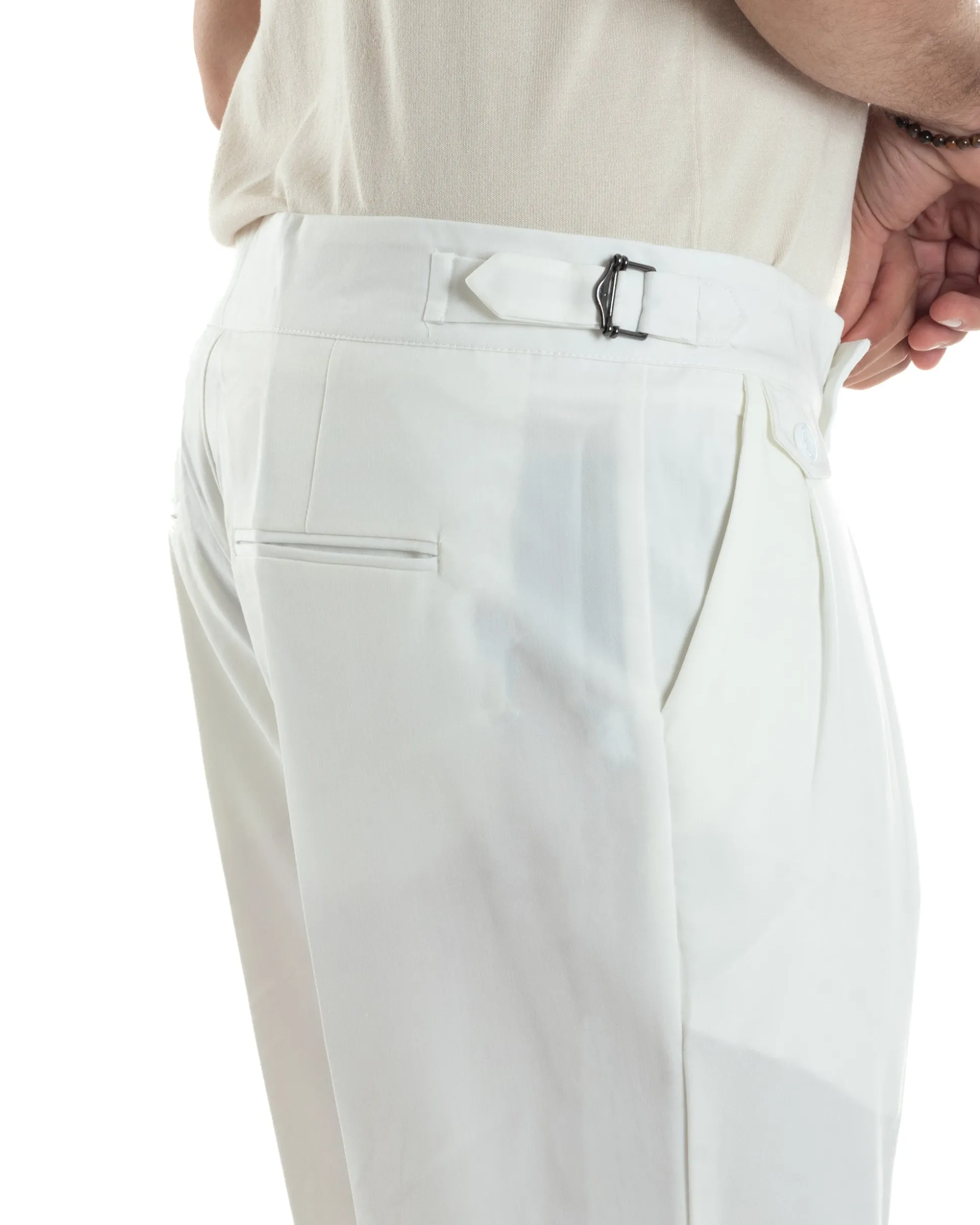 Pantaloni Uomo Classico Con Pinces Vita Alta Gurkha Pants Abbottonatura Allungata Fibbie Viscosa Estivo Casual Bianco GIOSAL-P6268A