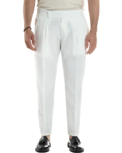 Pantaloni Uomo Classico Con Pinces Vita Alta Gurkha Pants Abbottonatura Allungata Fibbie Viscosa Estivo Casual Bianco GIOSAL-P6268A