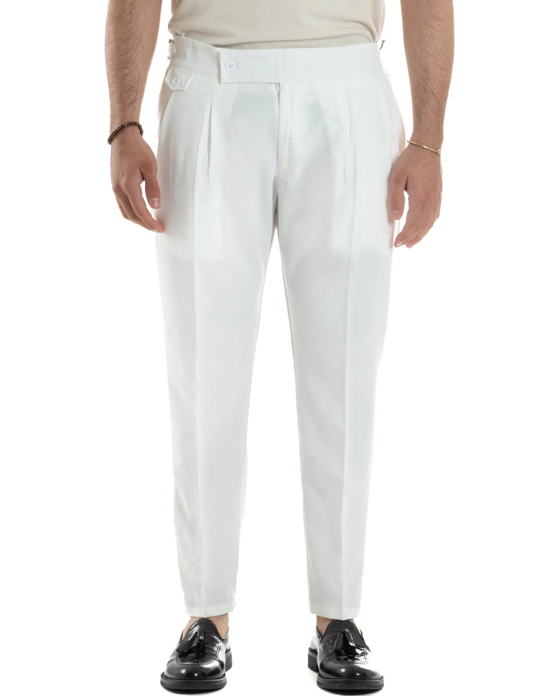 Pantaloni Uomo Classico Con Pinces Vita Alta Gurkha Pants Abbottonatura Allungata Fibbie Viscosa Estivo Casual Bianco GIOSAL-P6268A
