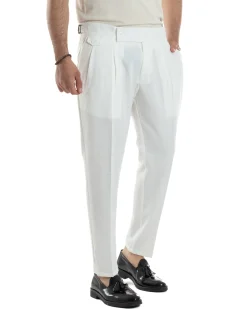 Pantaloni Uomo Classico Con Pinces Vita Alta Gurkha Pants Abbottonatura Allungata Fibbie Viscosa Estivo Casual Bianco GIOSAL-P6268A
