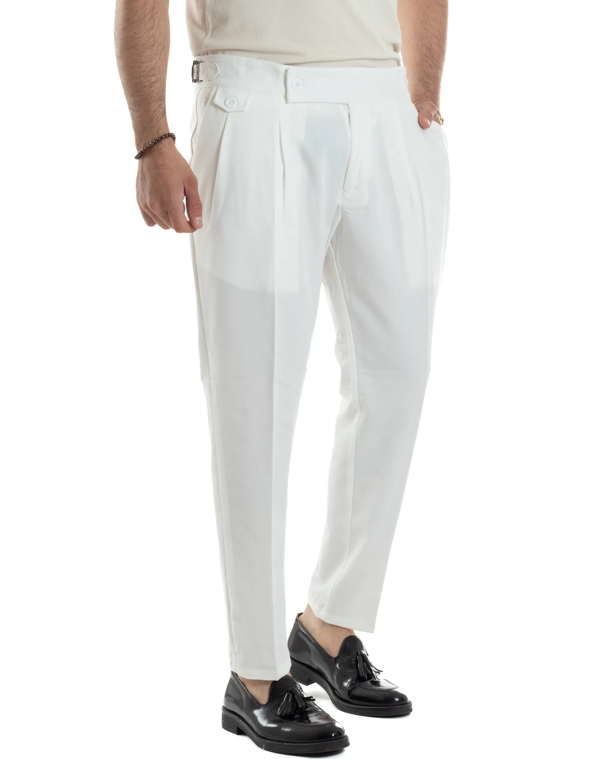 Pantaloni Uomo Classico Con Pinces Vita Alta Gurkha Pants Abbottonatura Allungata Fibbie Viscosa Estivo Casual Bianco GIOSAL-P6268A