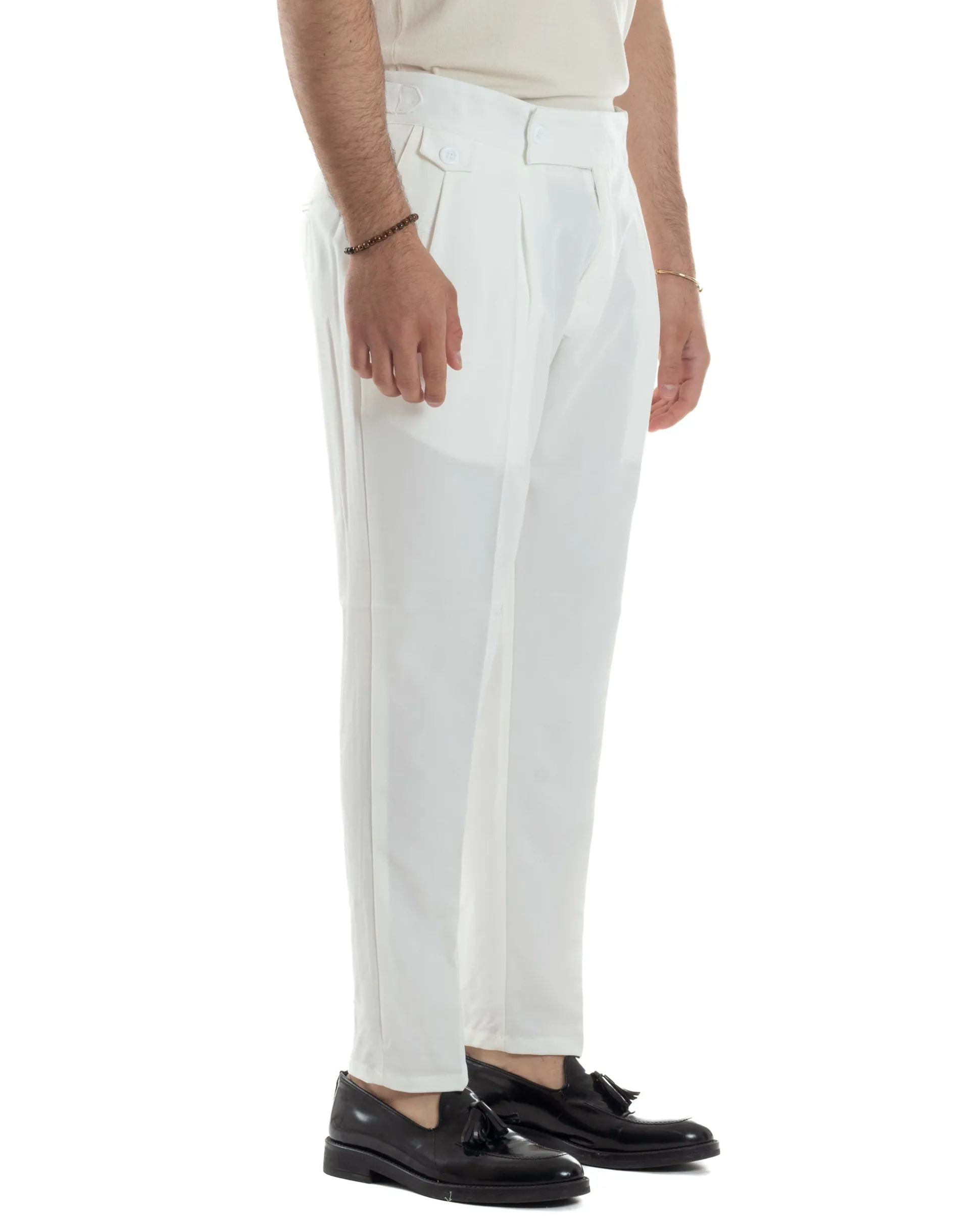 Pantaloni Uomo Classico Con Pinces Vita Alta Gurkha Pants Abbottonatura Allungata Fibbie Viscosa Estivo Casual Bianco GIOSAL-P6268A