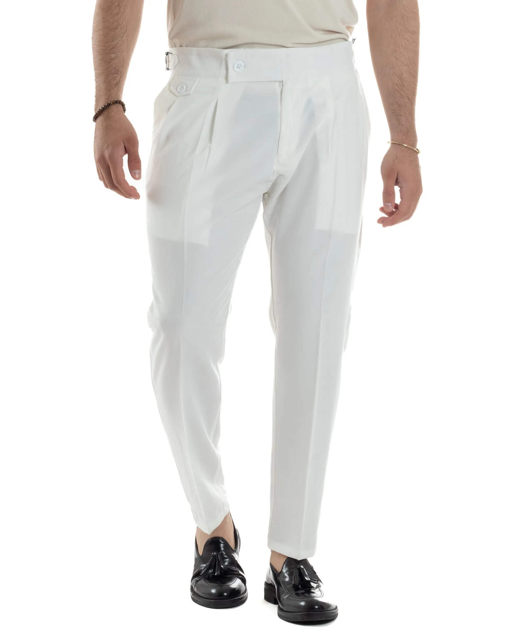 Pantaloni Uomo Classico Con Pinces Vita Alta Gurkha Pants Abbottonatura Allungata Fibbie Viscosa Estivo Casual Bianco GIOSAL-P6268A